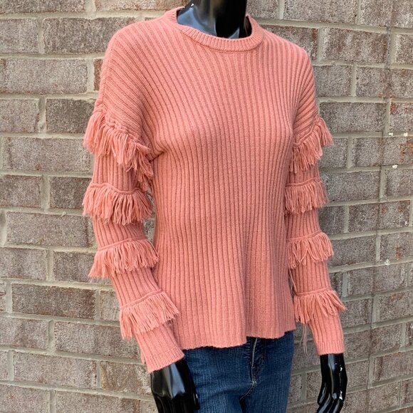 Kate & Sam Rib Stitch Knit Fringed Long Sleeve Crew Neck Sweater SzS - Picture 2 of 13
